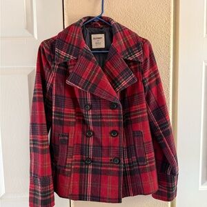 Old Navy Women's Red and Black Plaid Pea Coat